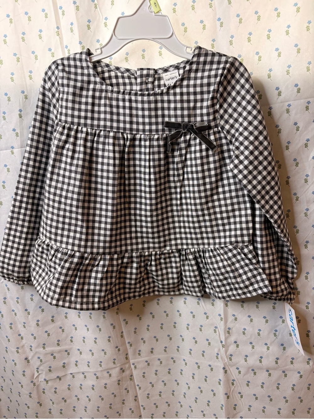 Carter's Black & White Gingham Peplum Long-Sleeve Top with Bow